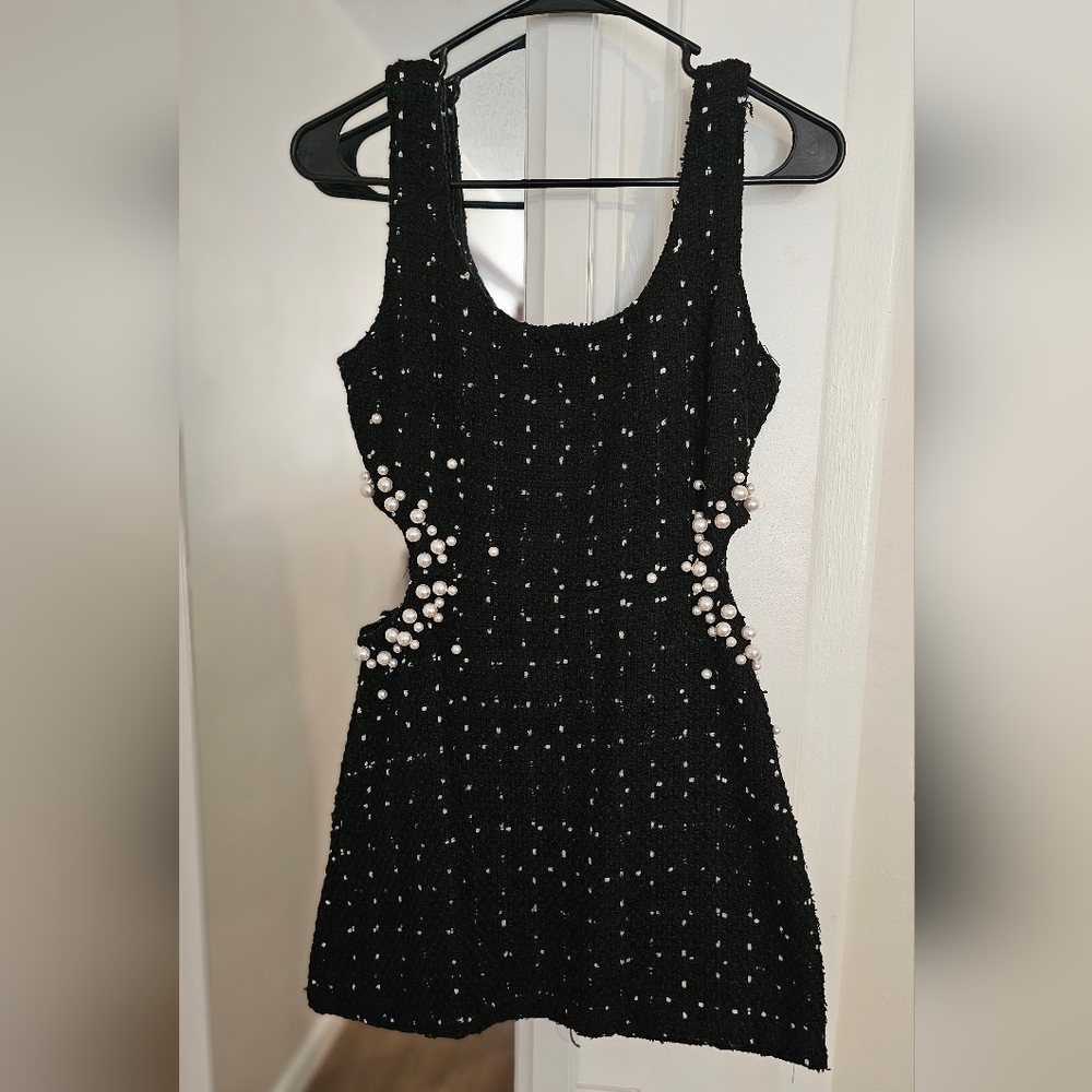 Elegant Black Mini Dress with Pearl Accents